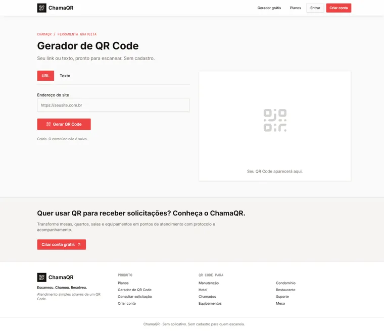 Tela do gerador gratuito de QR Code do ChamaQR, com campo para colar o endereço do site.